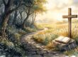 A stone path leads from dark woods to a sunlit meadow featuring a cross and an open Bible.