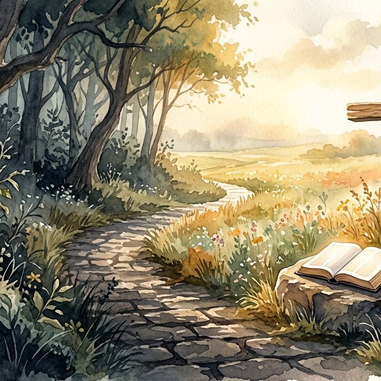 A stone path leads from dark woods to a sunlit meadow featuring a cross and an open Bible.