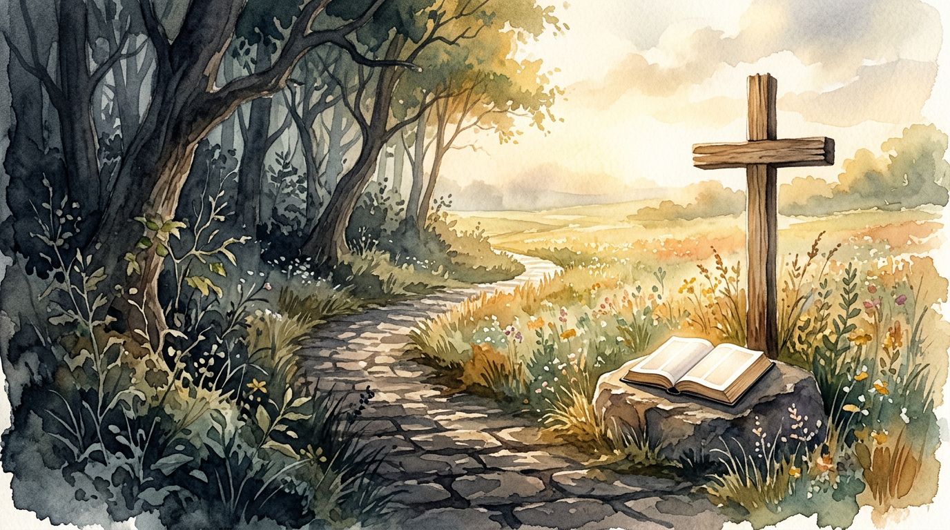 Stone Path to Sunlight A stone path leads from dark woods to a sunlit meadow featuring a cross and an open Bible.