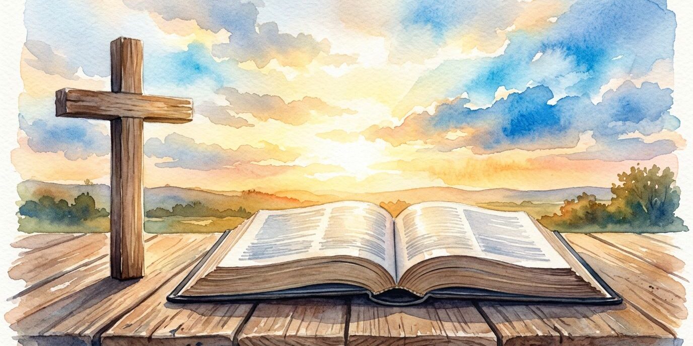 Sunrise Bible And Cross An open Bible and wooden cross glow in warm sunrise light.