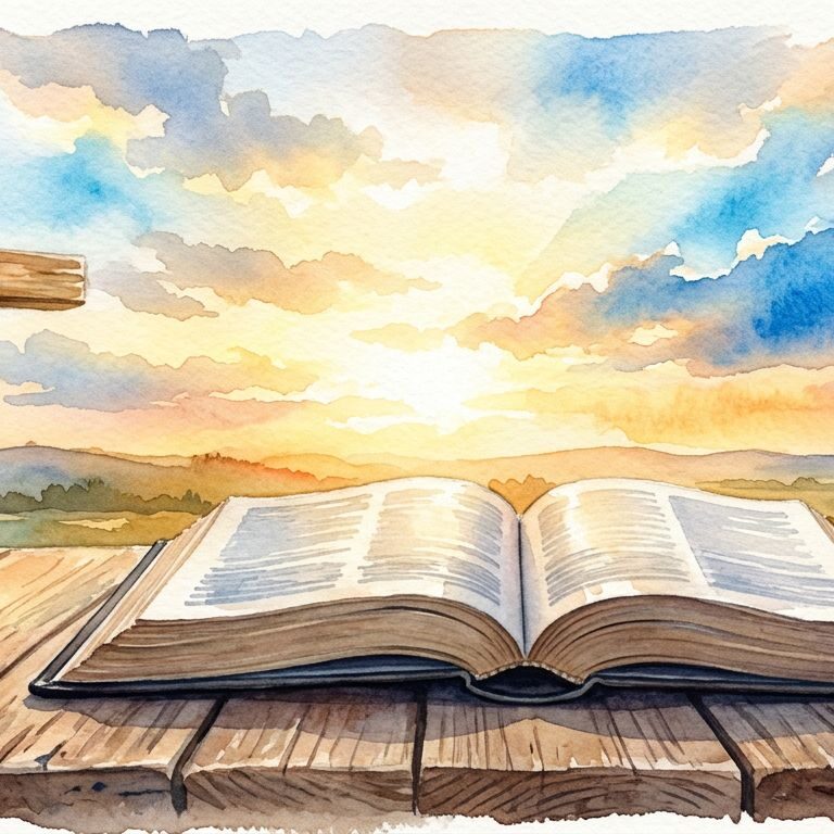 An open Bible and wooden cross glow in warm sunrise light.