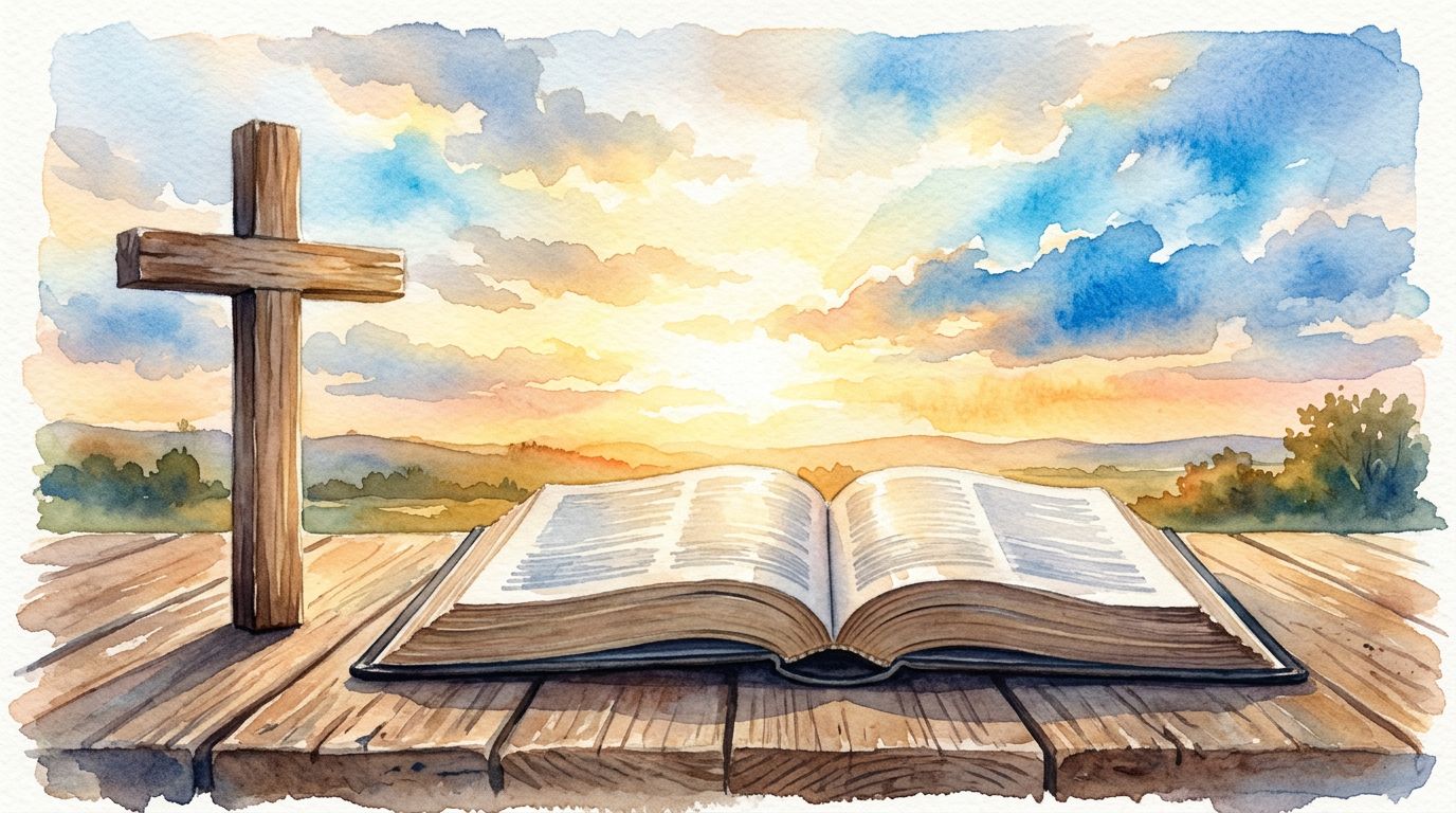 Sunrise Bible And Cross An open Bible and wooden cross glow in warm sunrise light.
