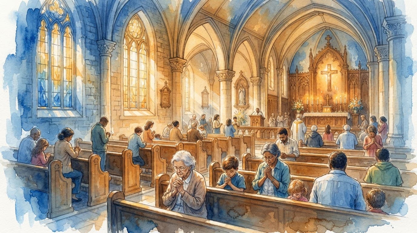 Peaceful church interior illustrating how what is the gospel shapes prayer and community.