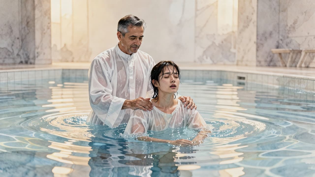 Water baptism ceremony showing a pastor baptizing a believer in a church pool under warm light.