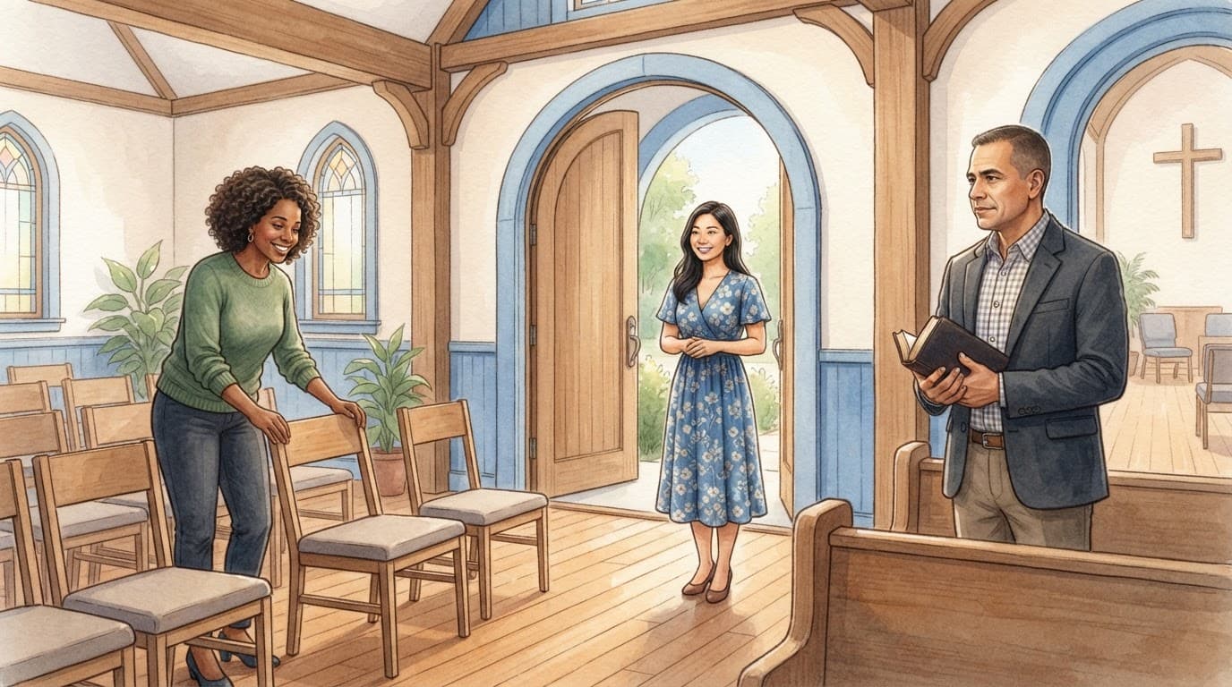 Three adults serve in a warm church interior with chairs, a doorway, and a Bible.