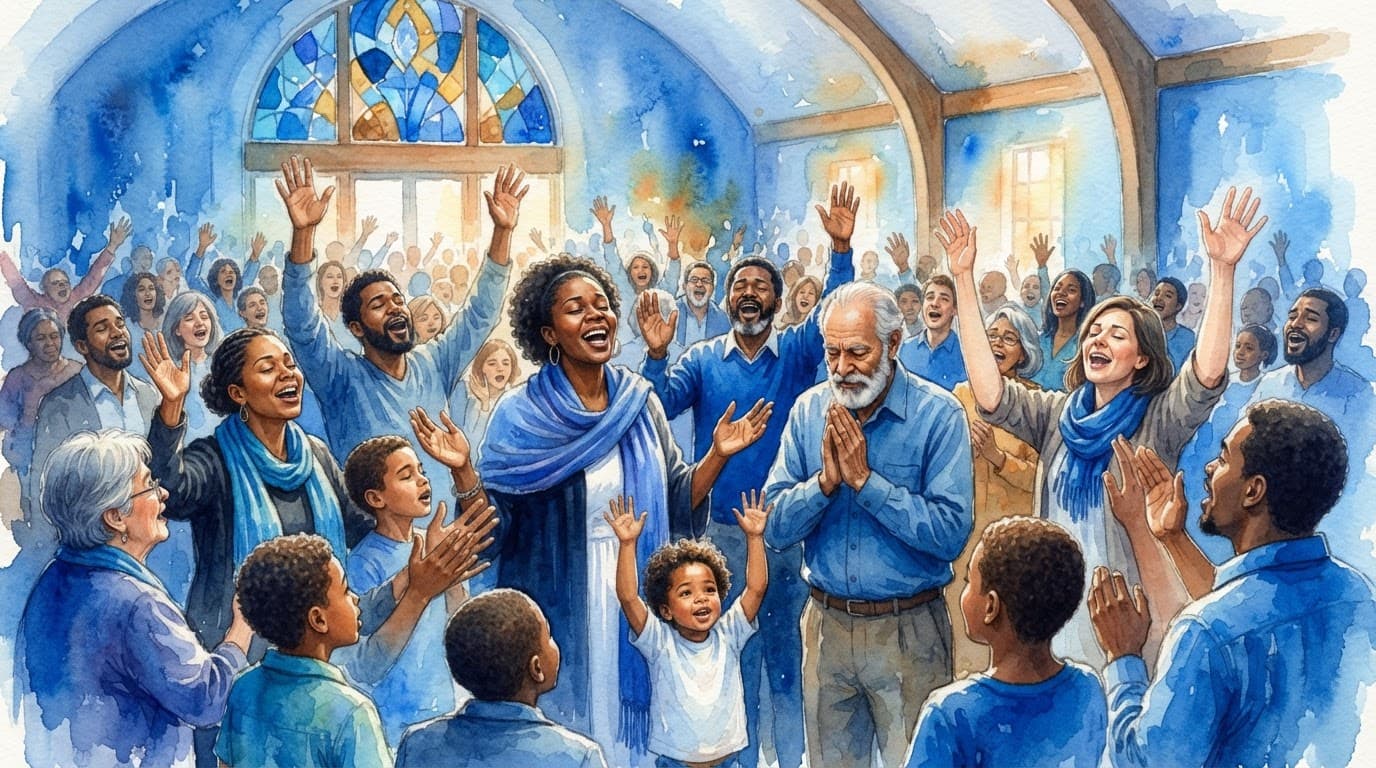 Diverse congregation worshiping with raised hands in a blue watercolor scene