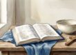 An open Bible beside an empty bowl and wooden cross in soft dawn light.