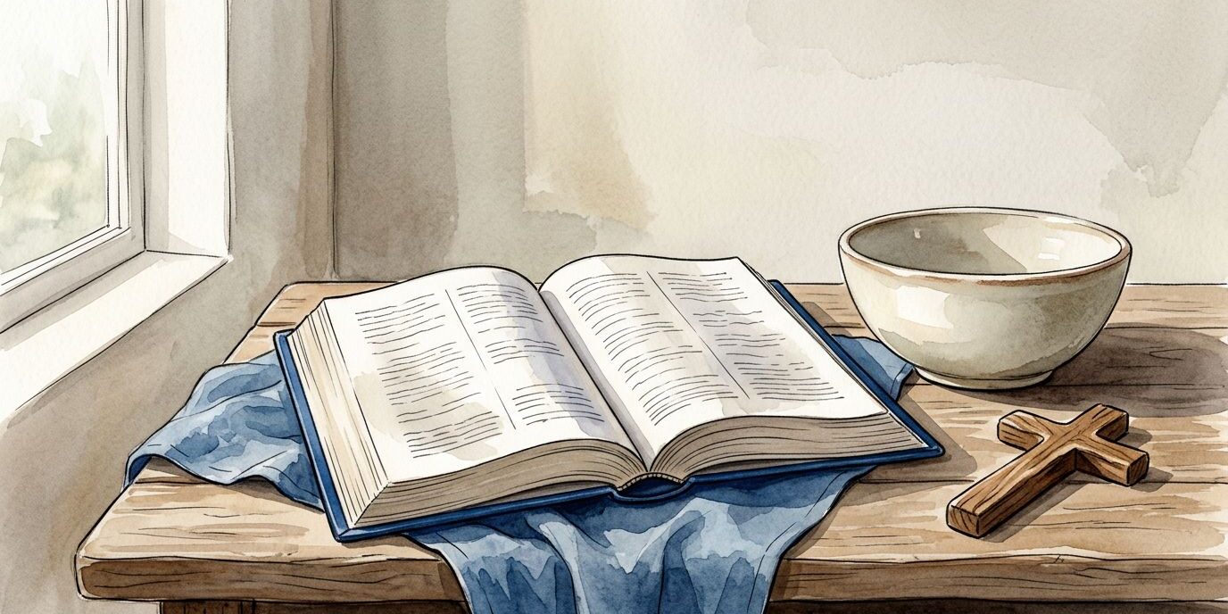 Bible Fasting Still Life An open Bible beside an empty bowl and wooden cross in soft dawn light.