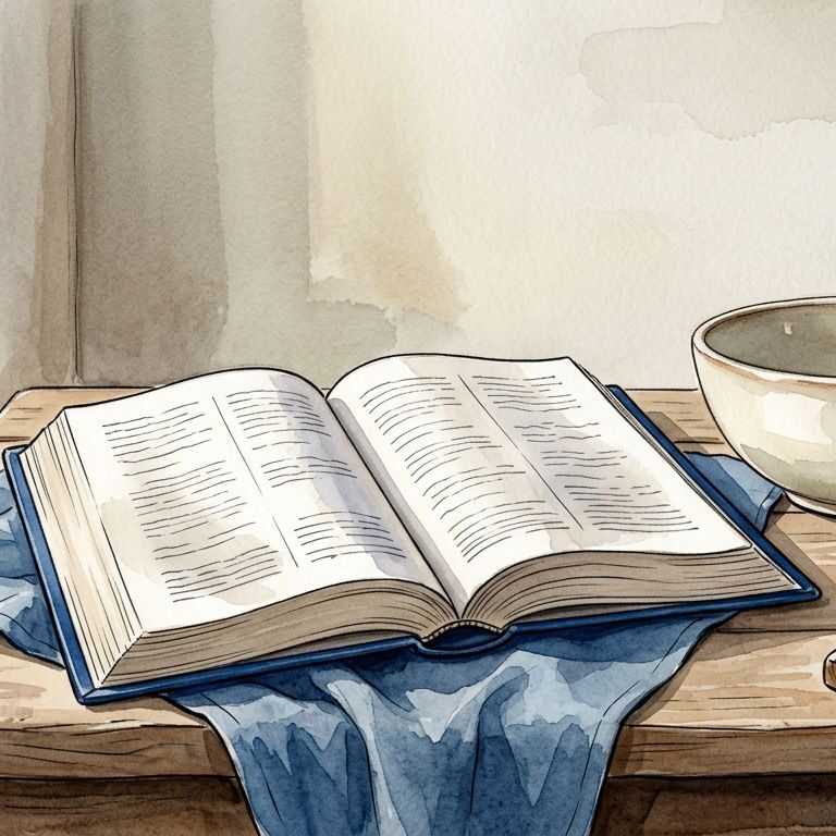 An open Bible beside an empty bowl and wooden cross in soft dawn light.