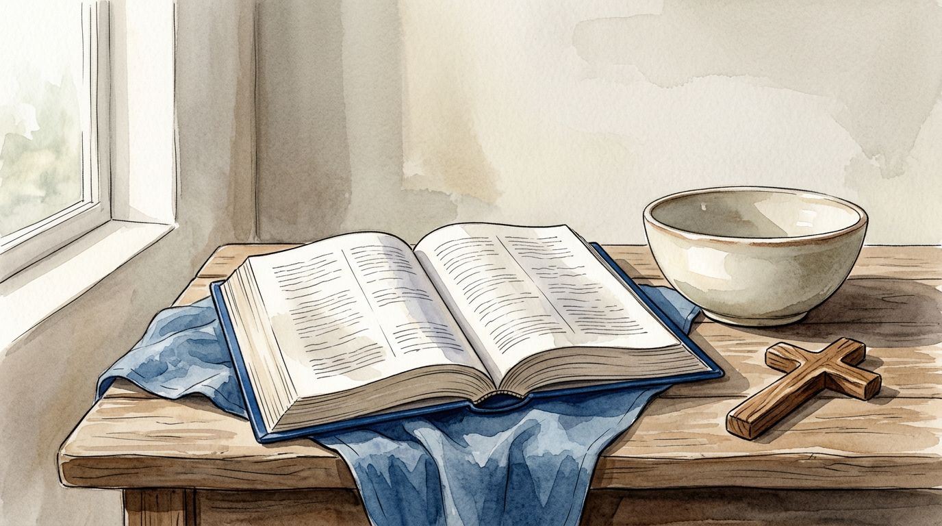 Bible Fasting Still Life An open Bible beside an empty bowl and wooden cross in soft dawn light.