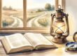 An open Bible, lantern, and compass sit on a table near a window with two paths.