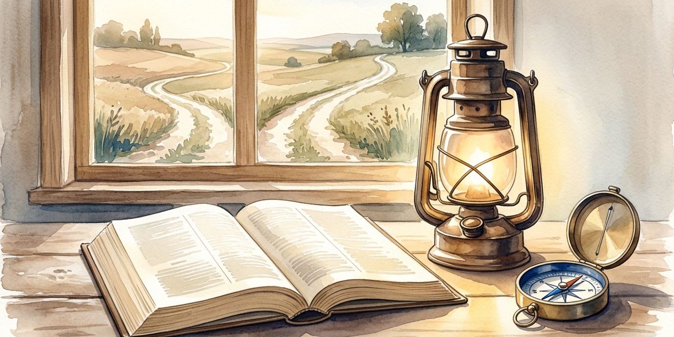 Prayerful Discernment Scene An open Bible, lantern, and compass sit on a table near a window with two paths.