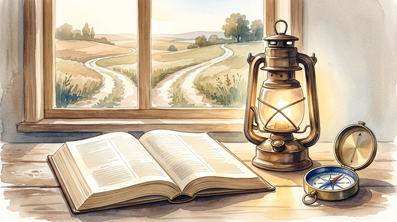 Prayerful Discernment Scene An open Bible, lantern, and compass sit on a table near a window with two paths.