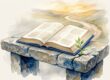 An open Bible and green shoot beside a path leading toward golden light.