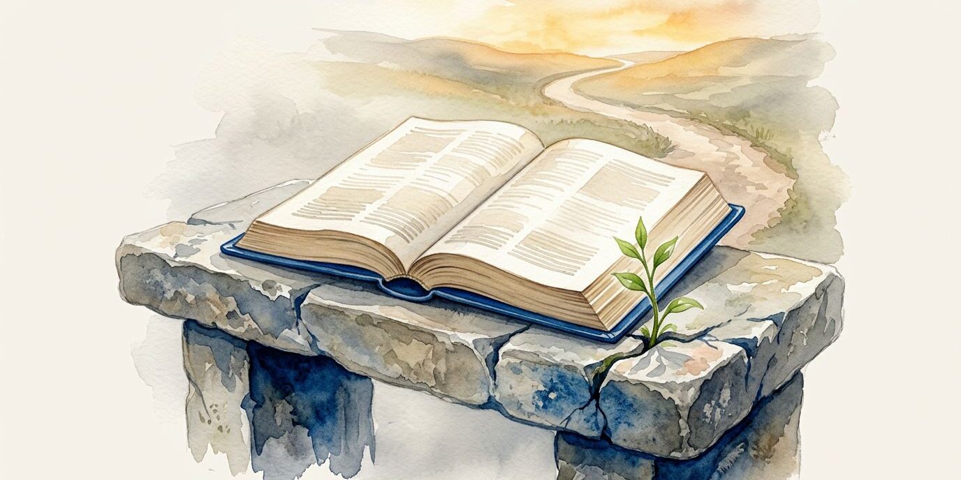 Bible Path To Holiness An open Bible and green shoot beside a path leading toward golden light.