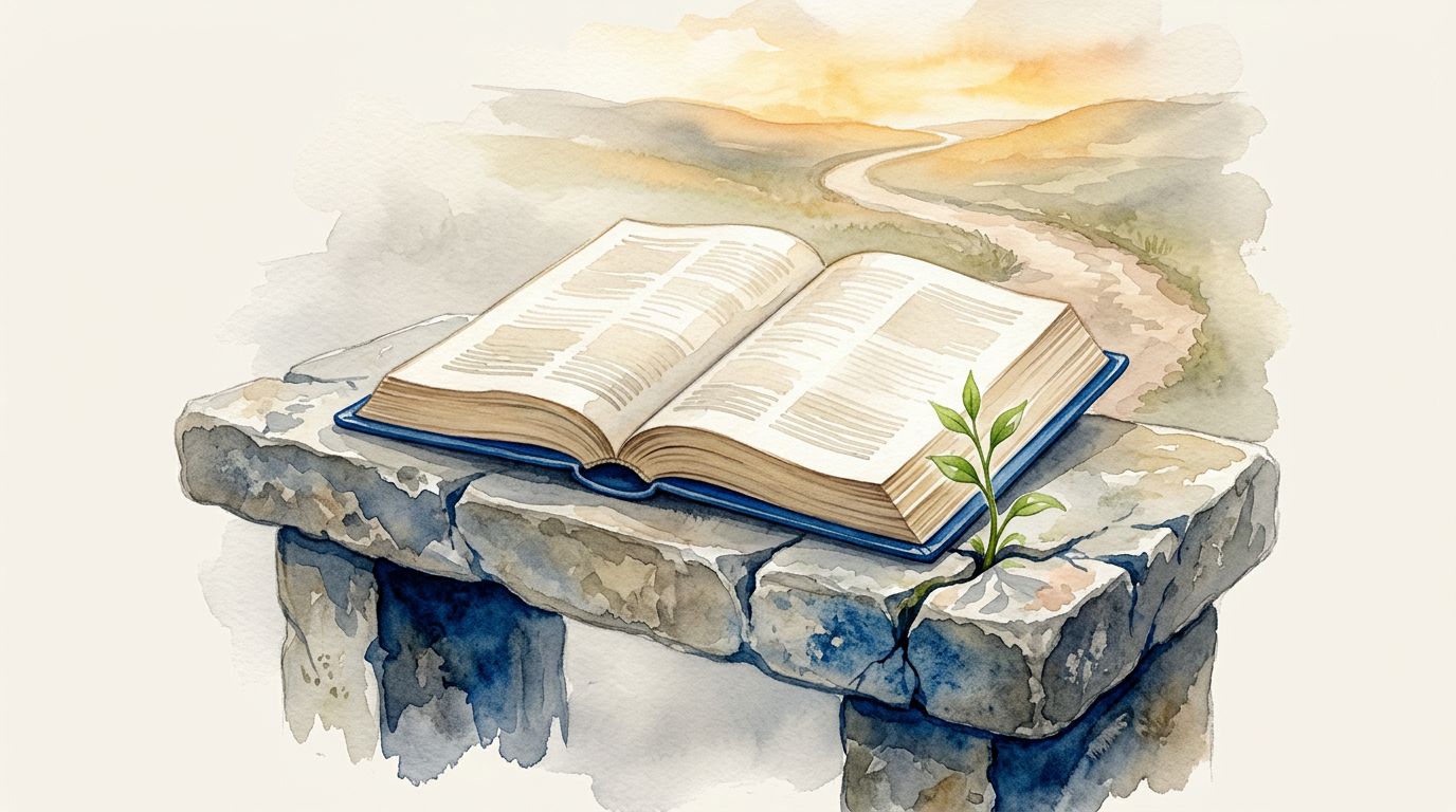 Bible Path To Holiness An open Bible and green shoot beside a path leading toward golden light.