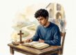 Young Christian reading a Bible beside a cross and candle at a wooden table.