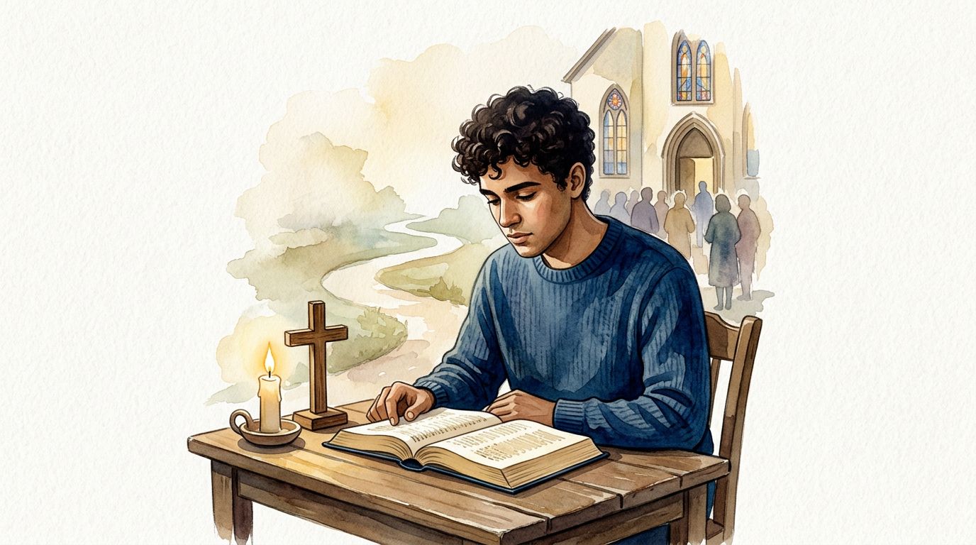 Christian Discipleship Illustration Young Christian reading a Bible beside a cross and candle at a wooden table.
