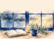 An open Bible, mug, candle, and olive branch sit on a table by a rainy window.