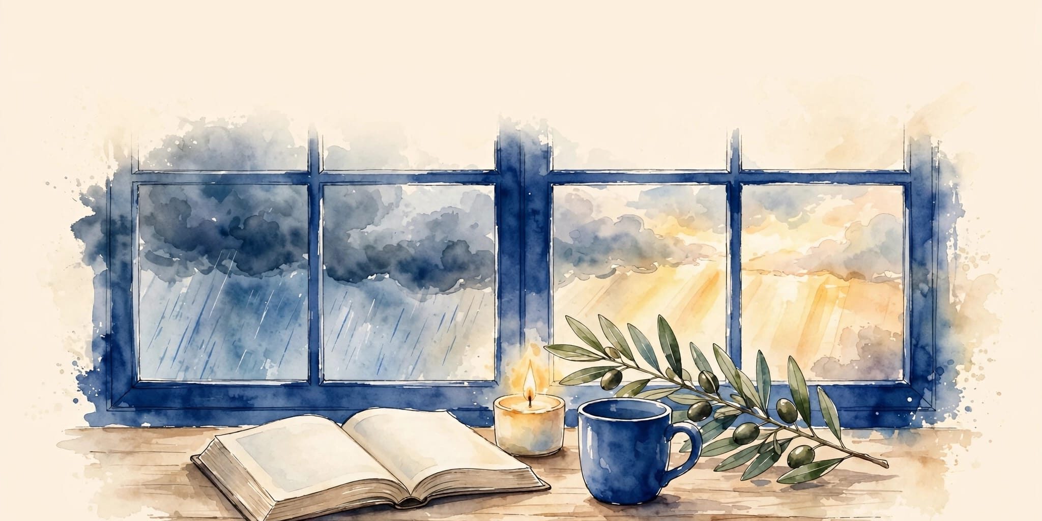 Seasonal Gratitude Table An open Bible, mug, candle, and olive branch sit on a table by a rainy window.