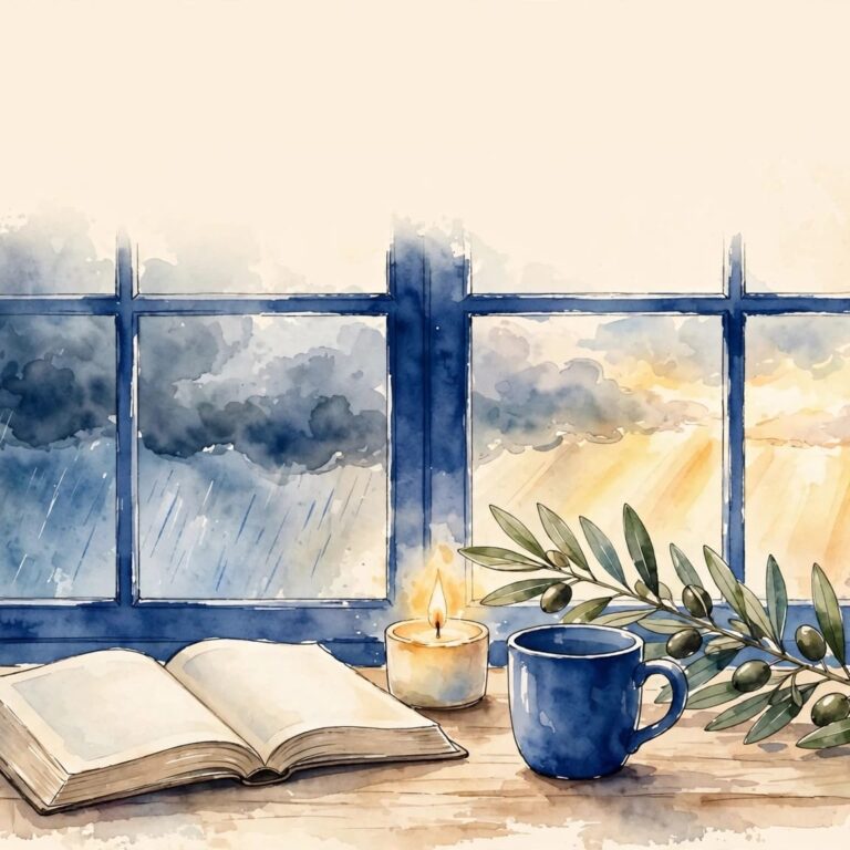 An open Bible, mug, candle, and olive branch sit on a table by a rainy window.