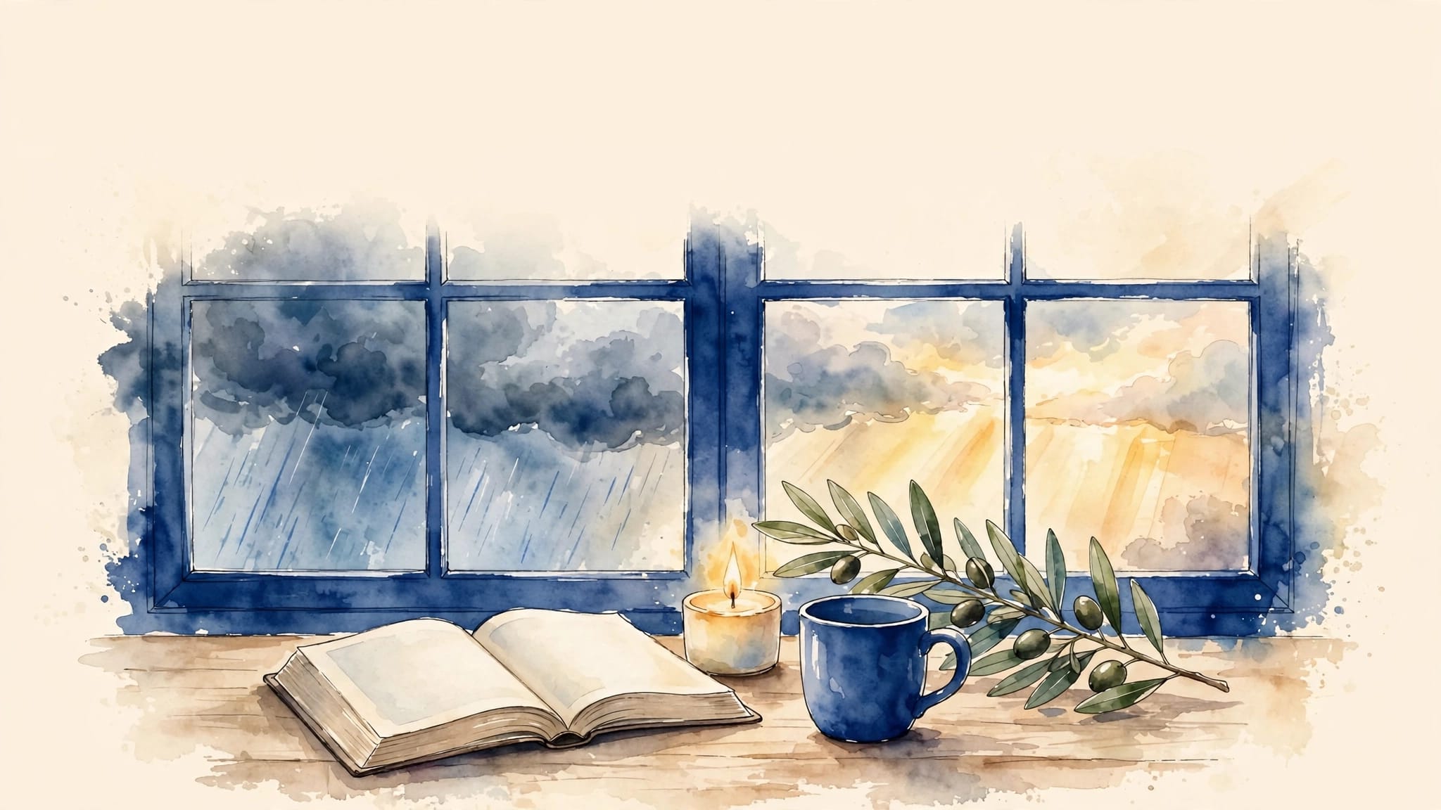 Seasonal Gratitude Table An open Bible, mug, candle, and olive branch sit on a table by a rainy window.