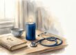 A closed Bible, bowl, and stethoscope beside a blue candle in morning light.