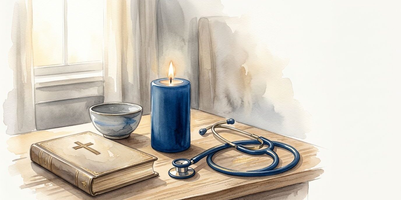 Blue Candle Still Life A closed Bible, bowl, and stethoscope beside a blue candle in morning light.