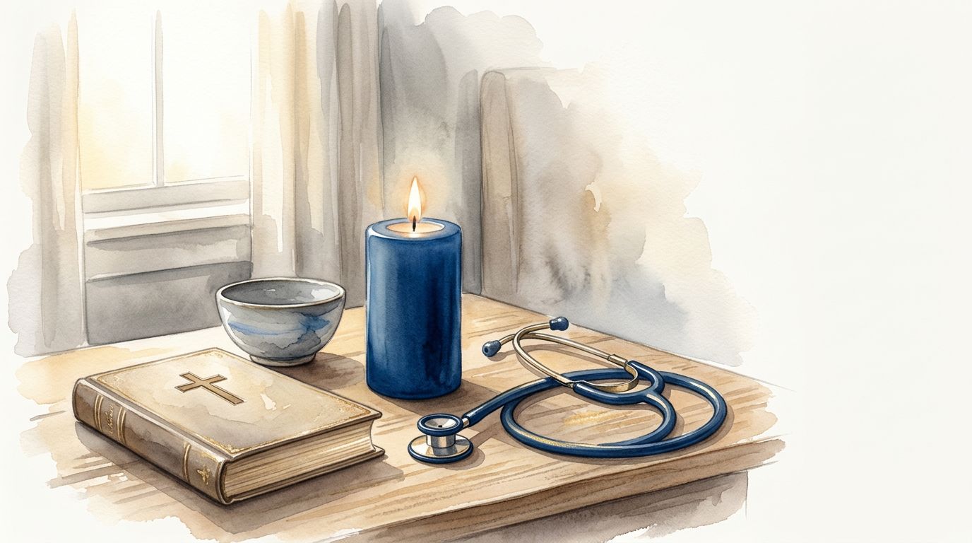 Blue Candle Still Life A closed Bible, bowl, and stethoscope beside a blue candle in morning light.