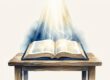An open Bible on a wooden table beneath a beam of radiant light.