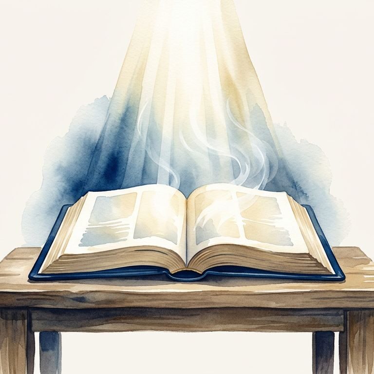 An open Bible on a wooden table beneath a beam of radiant light.