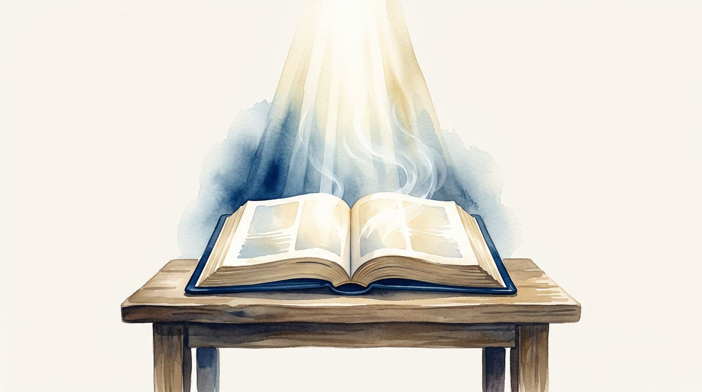 Illuminated Open Bible An open Bible on a wooden table beneath a beam of radiant light.