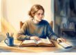 A young adult pauses beside an open Bible and glowing phone in warm morning light.