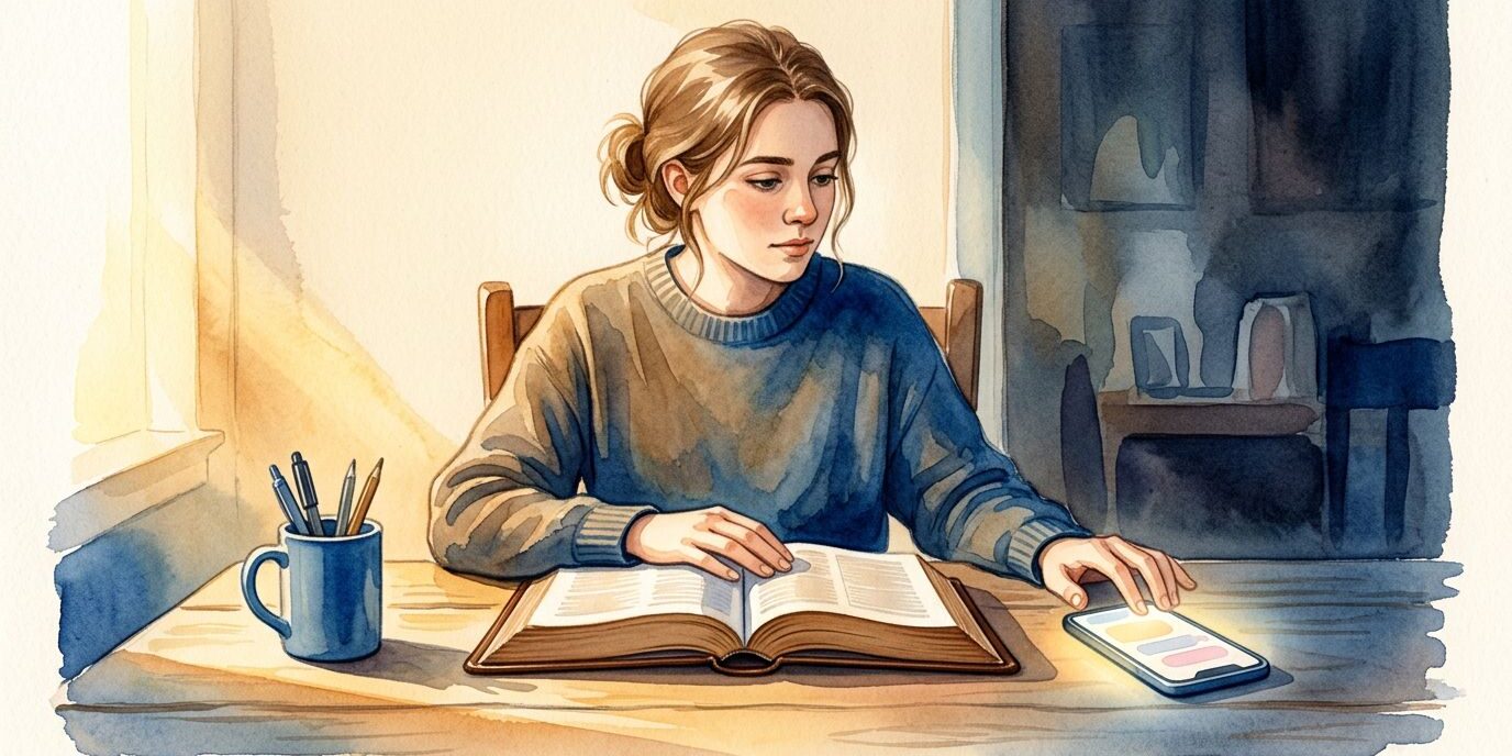 Scripture And Self-Control A young adult pauses beside an open Bible and glowing phone in warm morning light.