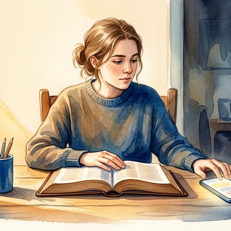 A young adult pauses beside an open Bible and glowing phone in warm morning light.