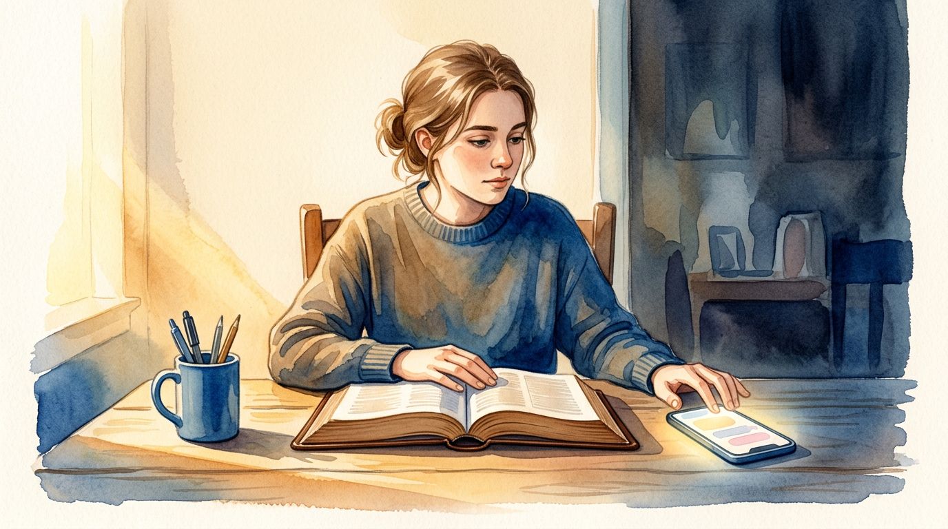 Scripture And Self-Control A young adult pauses beside an open Bible and glowing phone in warm morning light.