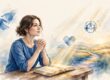 A woman prays beside an open Bible as light leads toward a bright horizon.