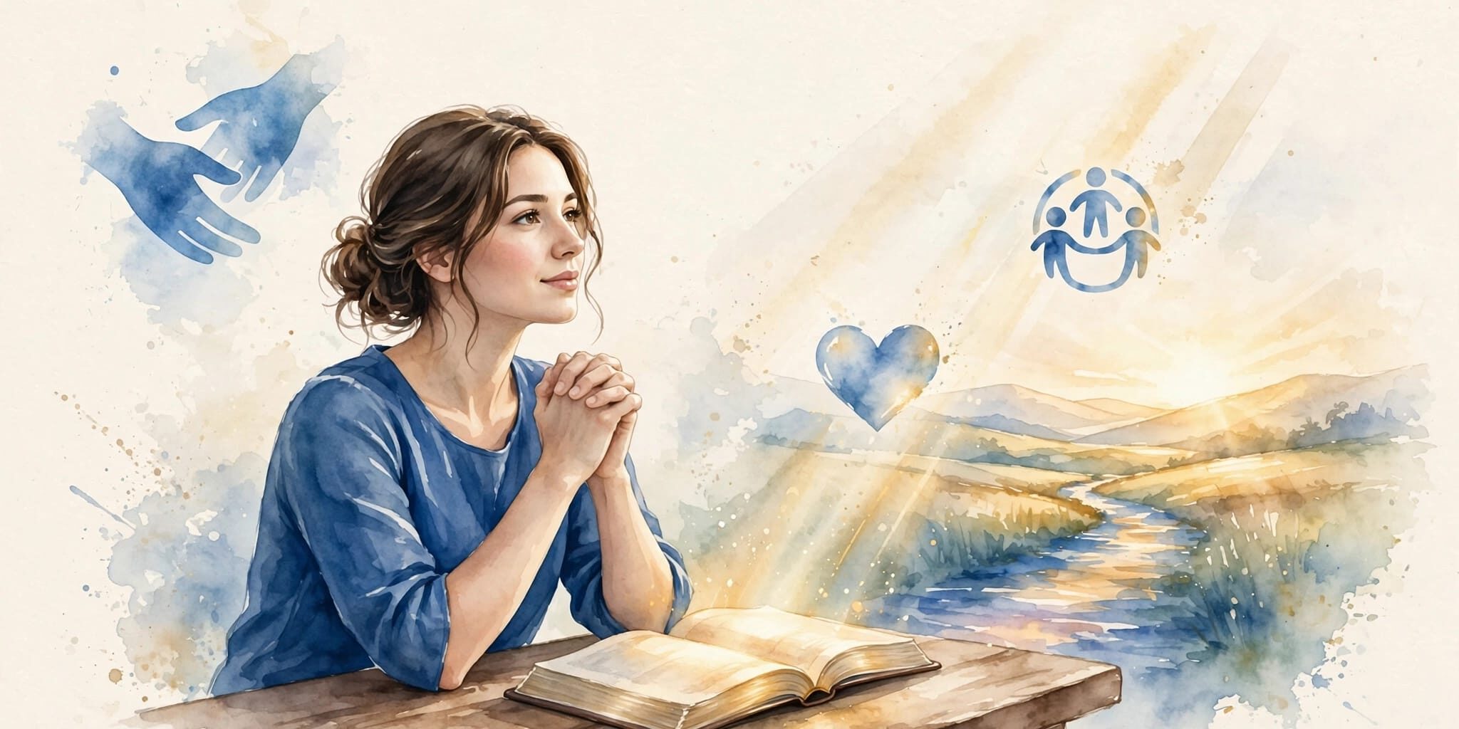 Spiritual Gifts Illustration A woman prays beside an open Bible as light leads toward a bright horizon.
