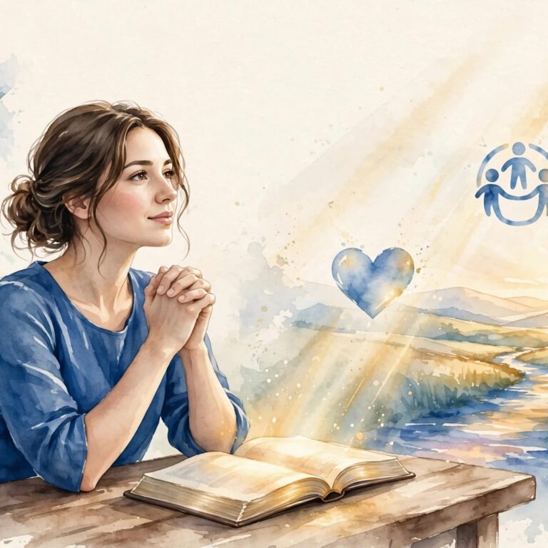A woman prays beside an open Bible as light leads toward a bright horizon.