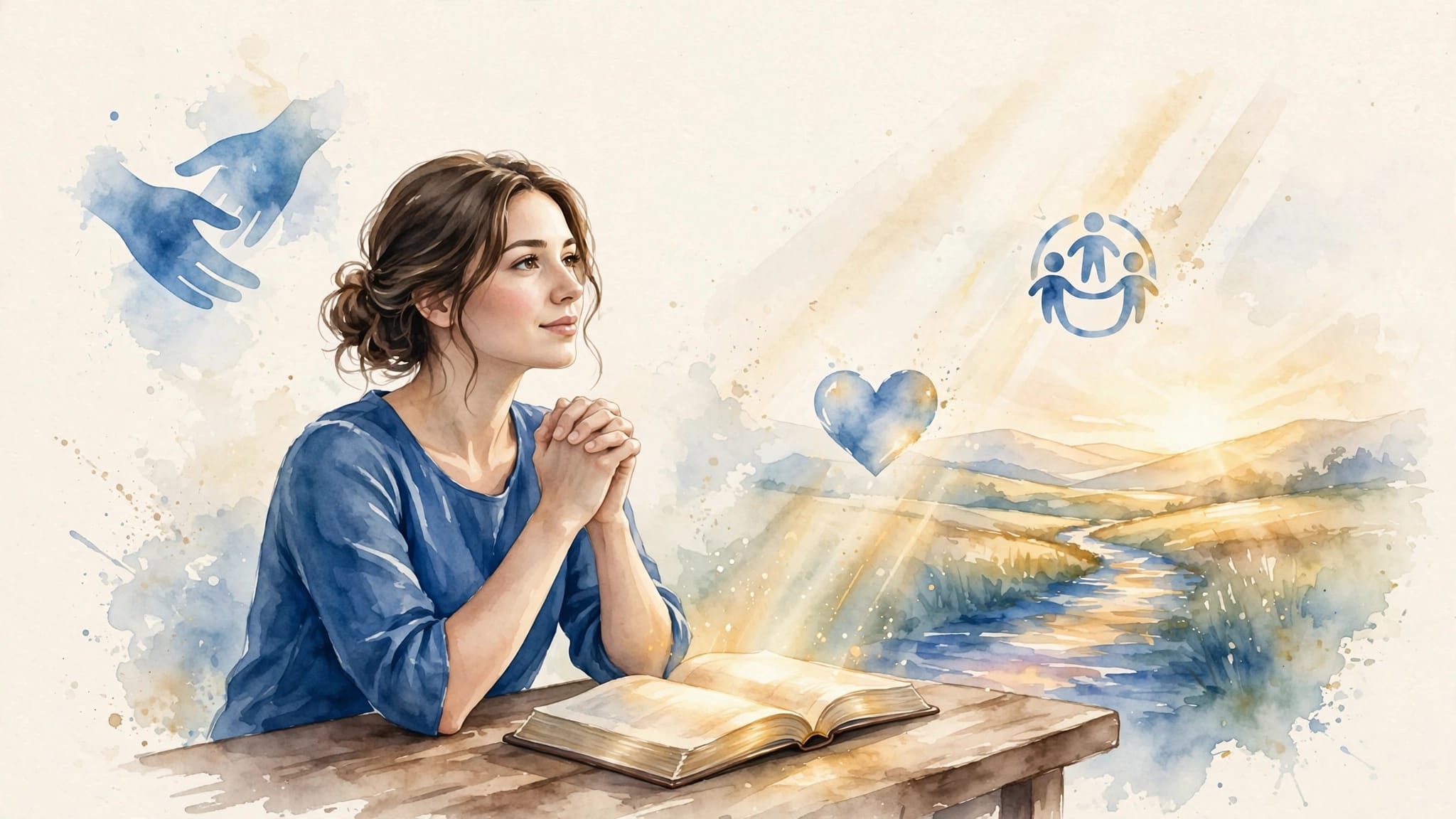 Spiritual Gifts Illustration A woman prays beside an open Bible as light leads toward a bright horizon.
