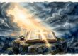 An open Bible and small flame sit on a stone beneath a glowing sunrise.