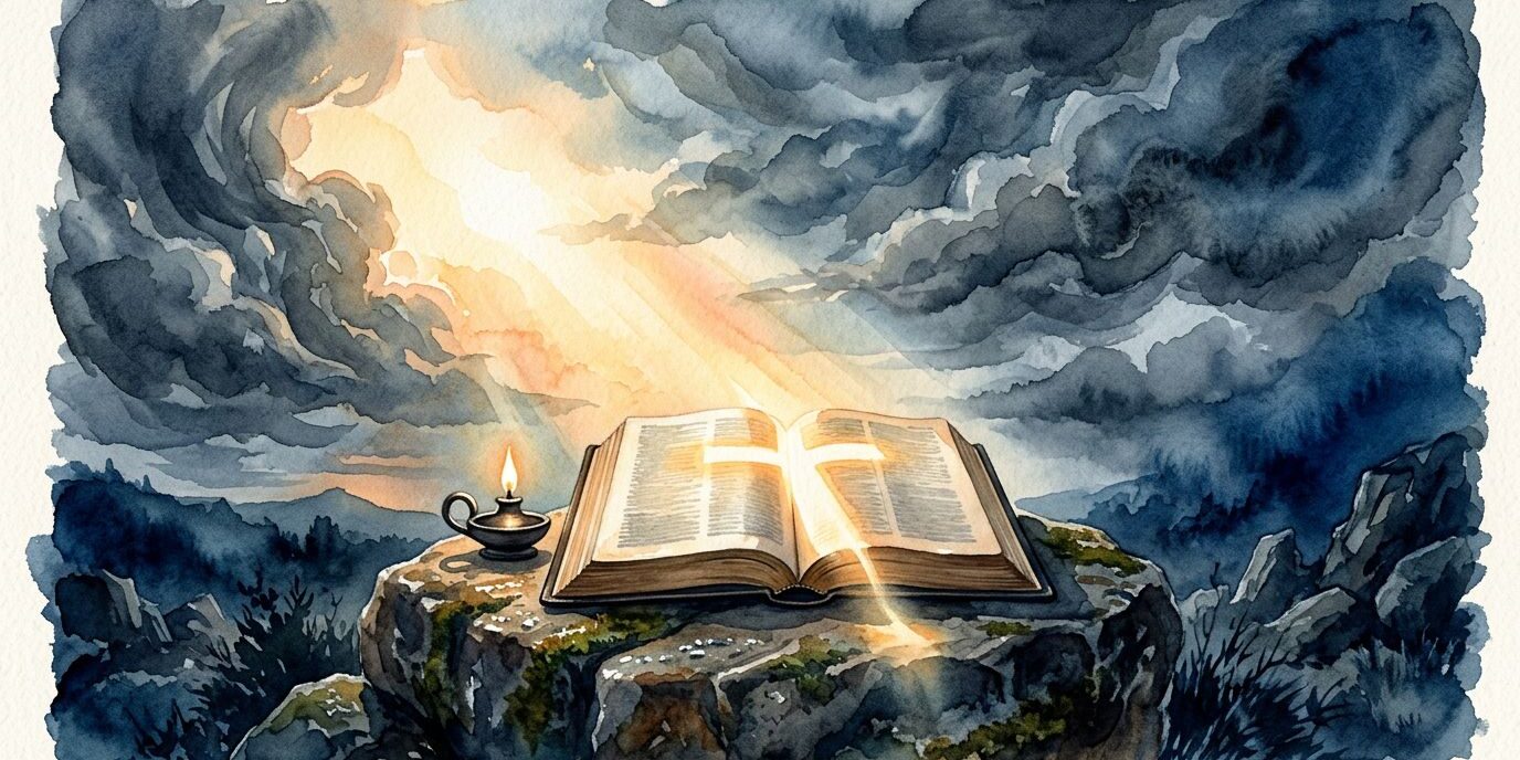 Bible Sunrise Illustration An open Bible and small flame sit on a stone beneath a glowing sunrise.