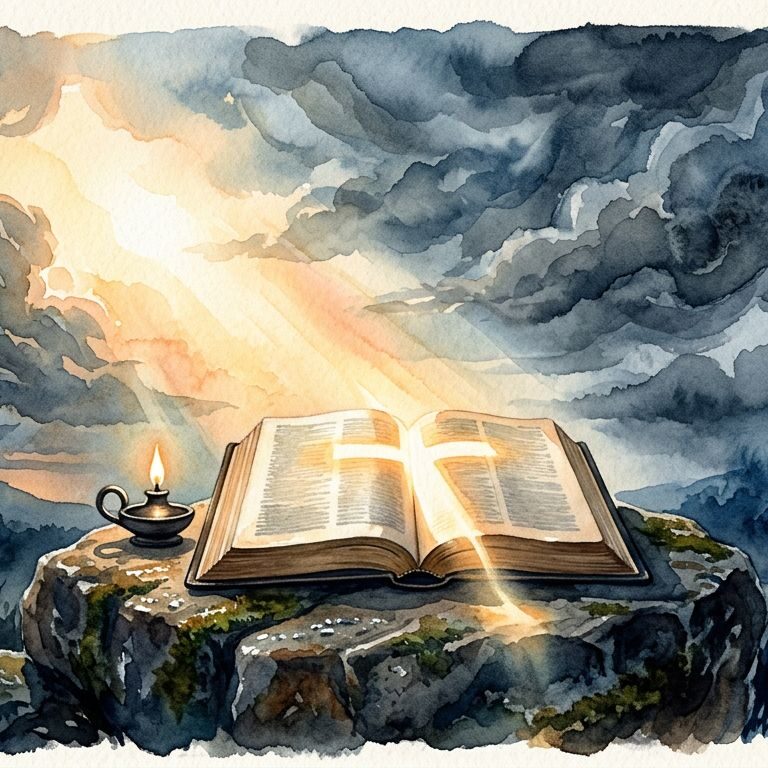 An open Bible and small flame sit on a stone beneath a glowing sunrise.