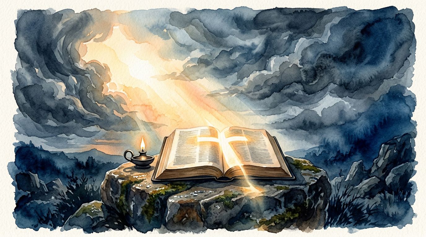 Bible Sunrise Illustration An open Bible and small flame sit on a stone beneath a glowing sunrise.