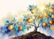 Nine glowing fruits grow on a leafy vine above rich earth.