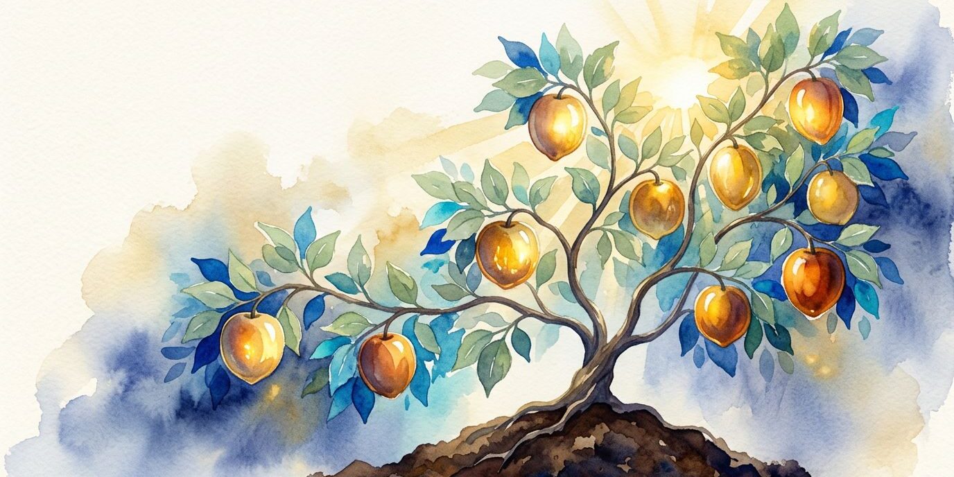 Fruits Of The Spirit Nine glowing fruits grow on a leafy vine above rich earth.