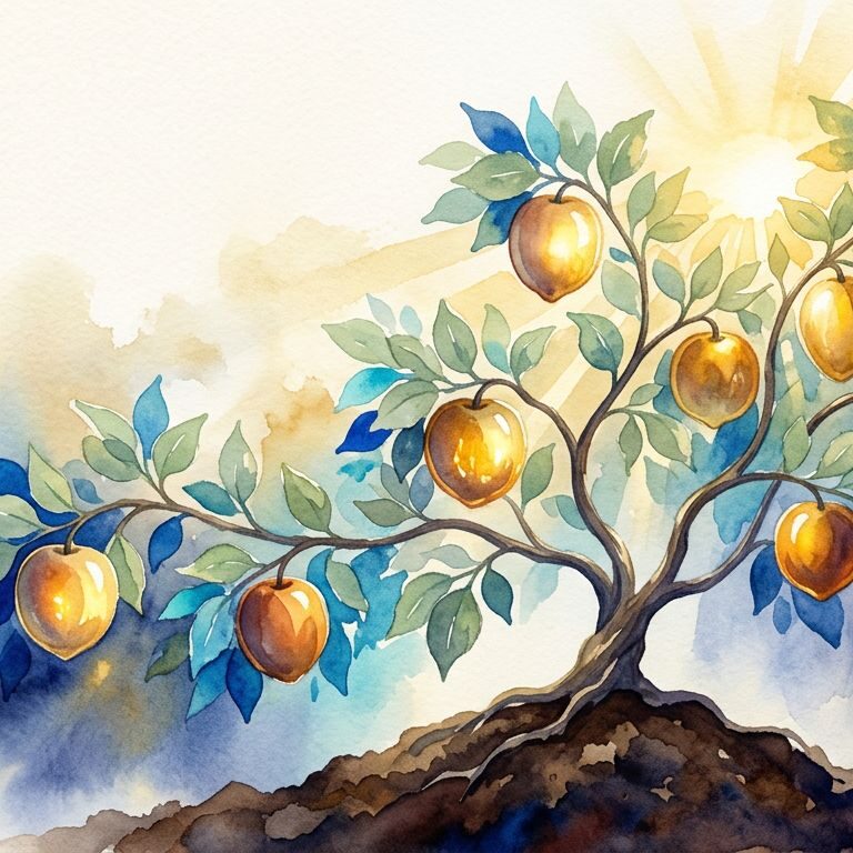 Nine glowing fruits grow on a leafy vine above rich earth.