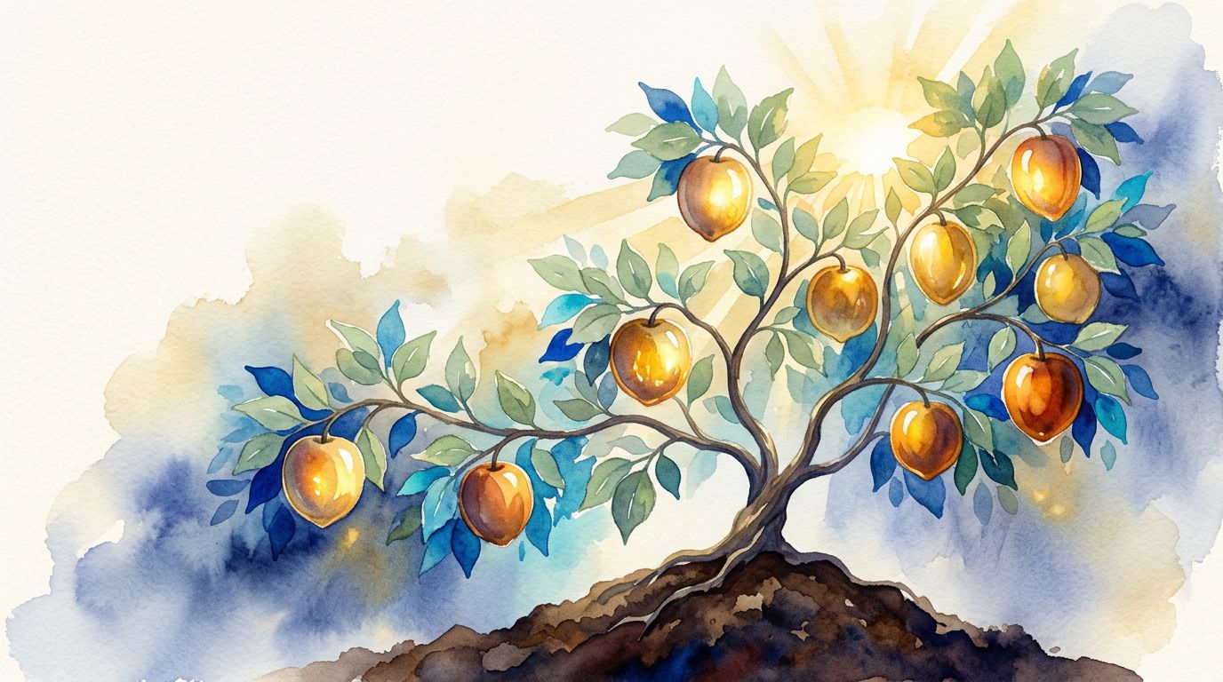 Fruits Of The Spirit Nine glowing fruits grow on a leafy vine above rich earth.