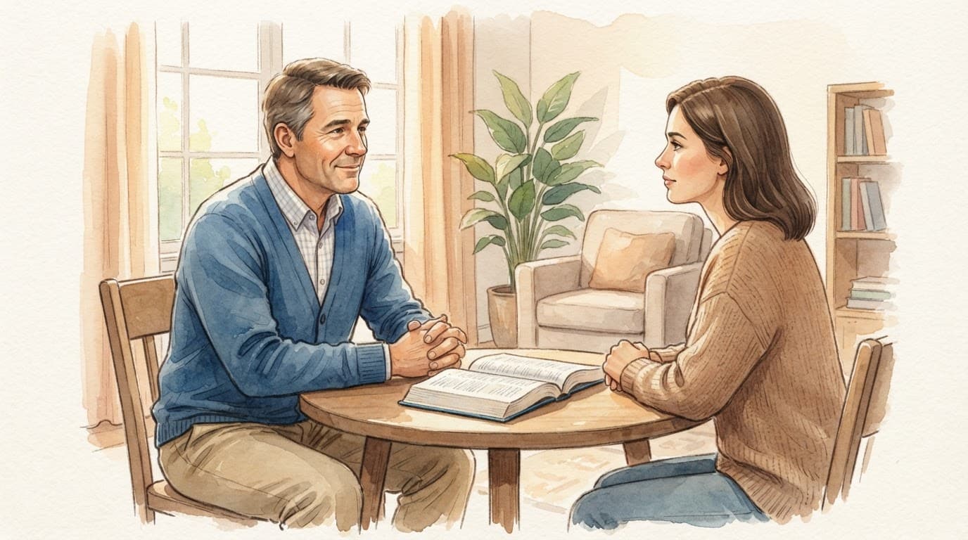 A trusted Christian counselor, an open Bible, and a thoughtful conversation about a difficult choice.