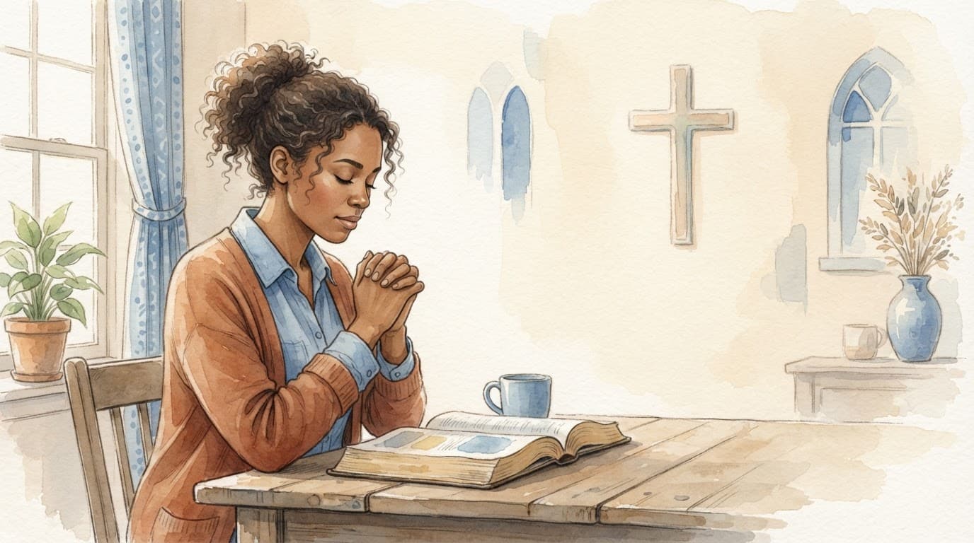 A person prays beside an open Bible in a softly lit church room.